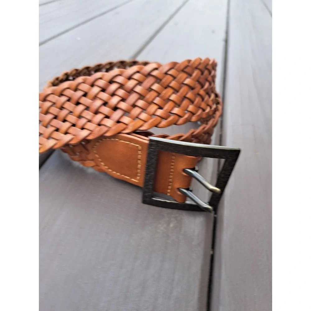 Women's Genuine Leather Brown Woven Braided Square Bronze Buckle Belt Size S 38